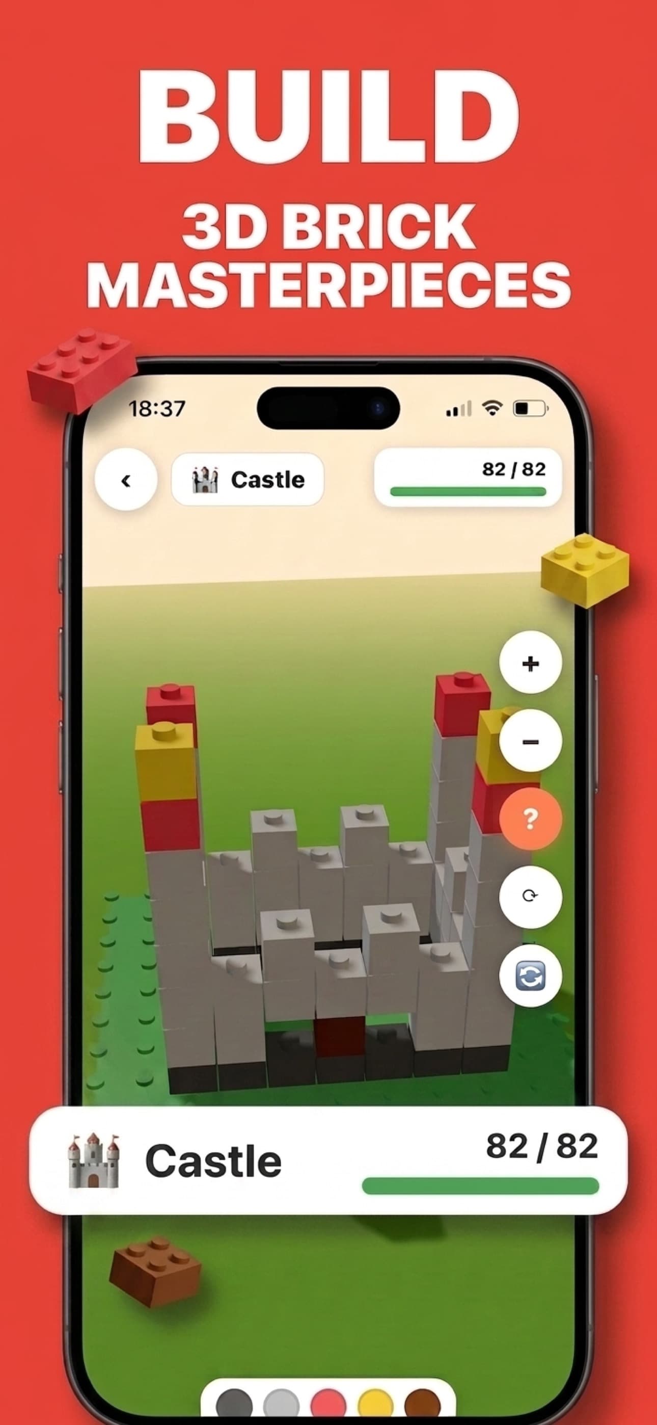 App Store screenshot: a 3D castle build complete at 82 of 82 bricks placed in the Little Architect app.