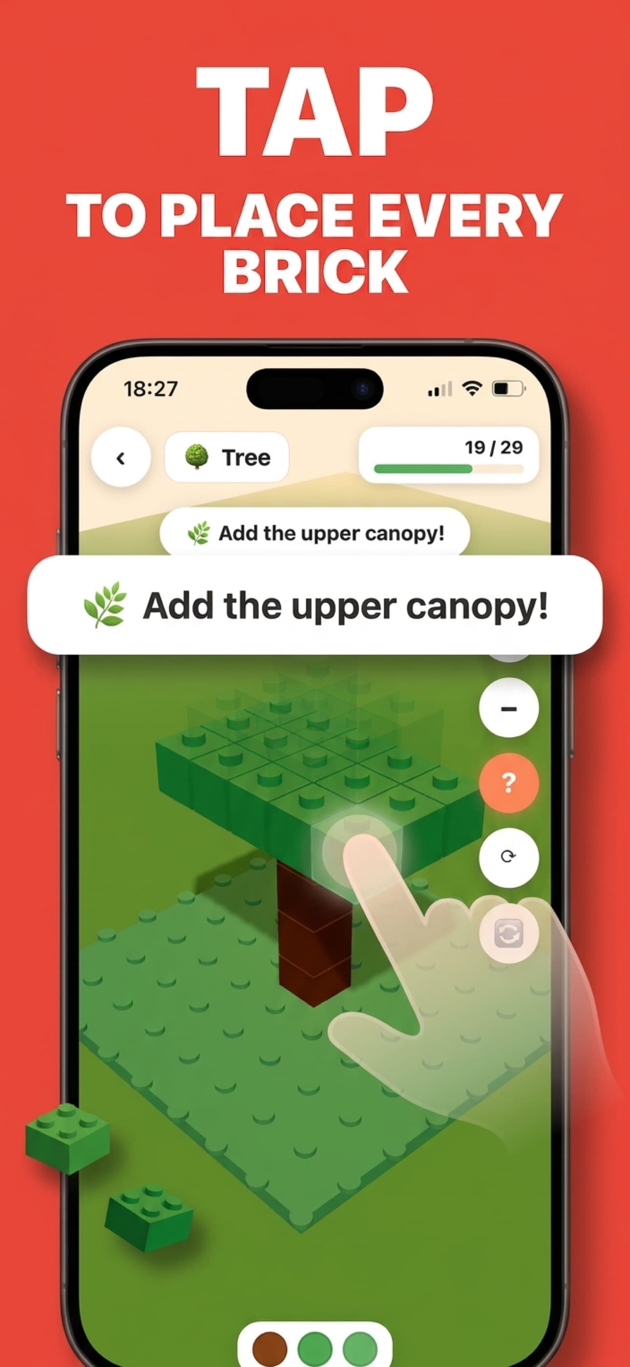 App Store screenshot: a hand tapping to place a brick on a 3D tree build, 19 of 29 bricks placed, with the step prompt 'Add the upper canopy' in the Little Architect app.