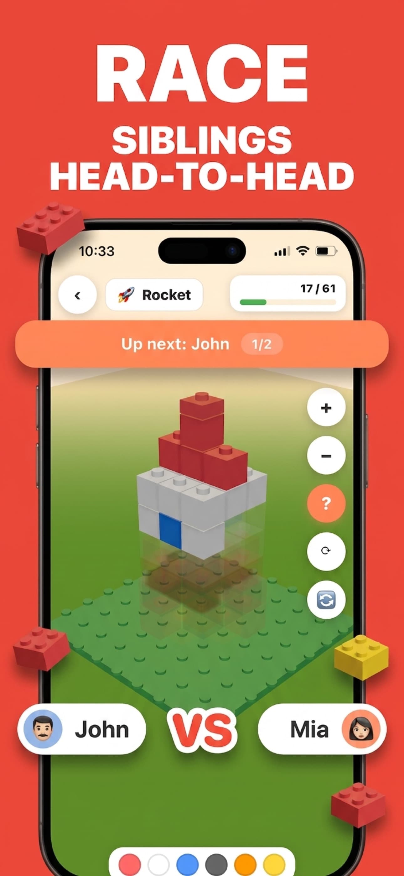 App Store screenshot: a turn-based rocket build, 17 of 61, showing 'Up next: John' and 'John vs Mia', headline 'Race siblings head-to-head'.