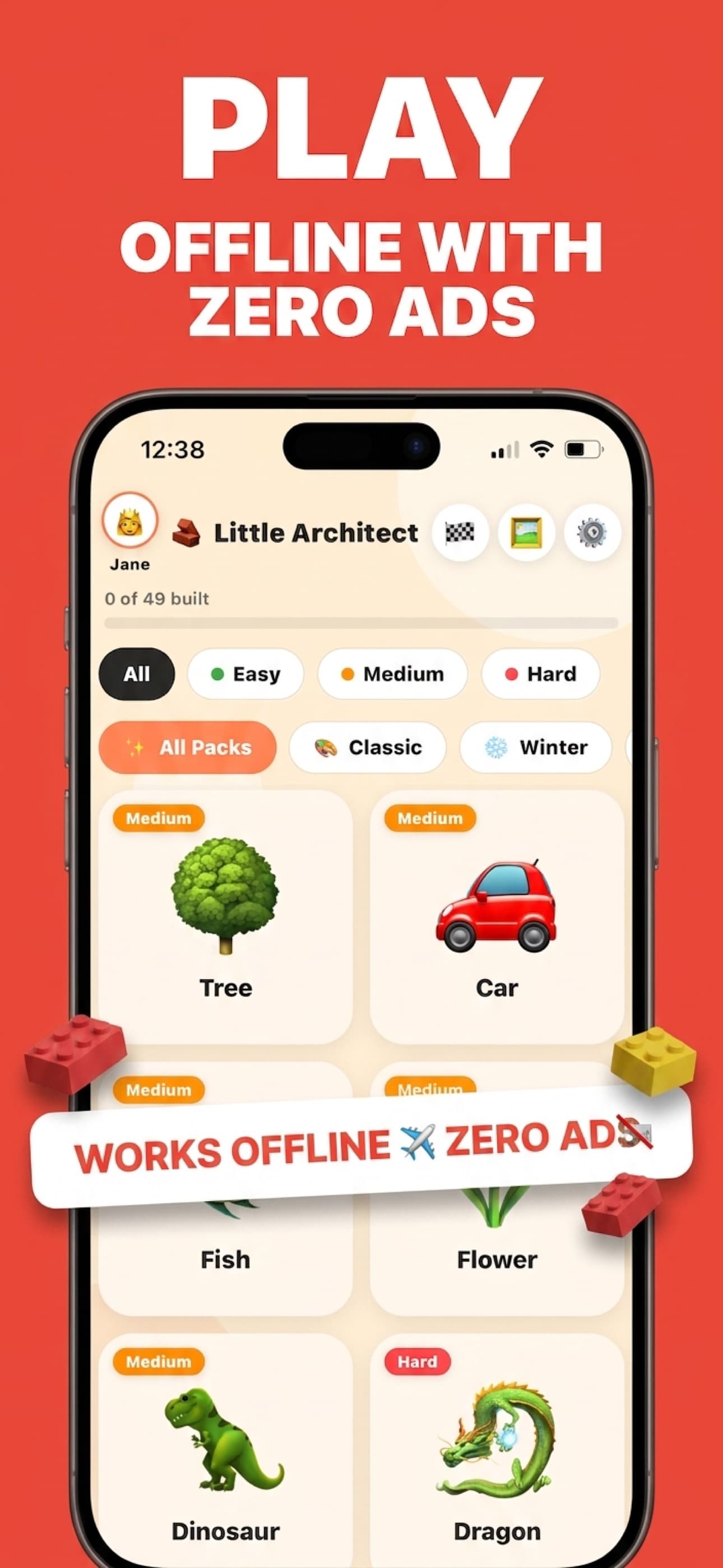 App Store screenshot: the picture-picker grid with Tree, Car, Fish, Dinosaur and Dragon builds and a 'Works offline, zero ads' banner, headline 'Play offline with zero ads'.