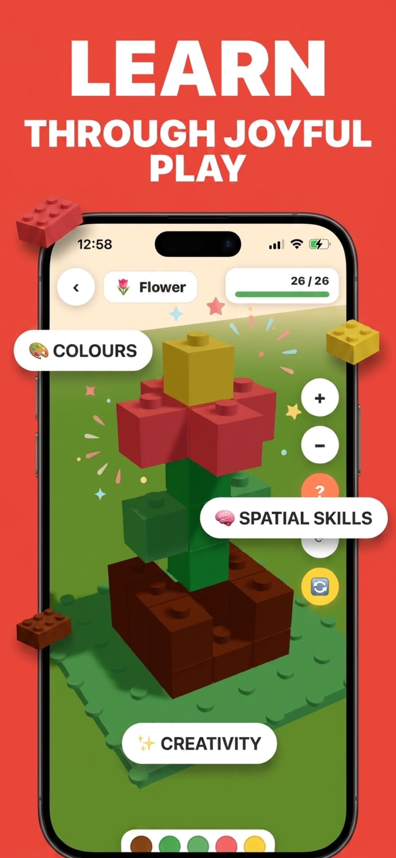App Store screenshot: a completed 3D flower build, 26 of 26, with 'Colours', 'Spatial skills' and 'Creativity' labels, headline 'Learn through joyful play'.