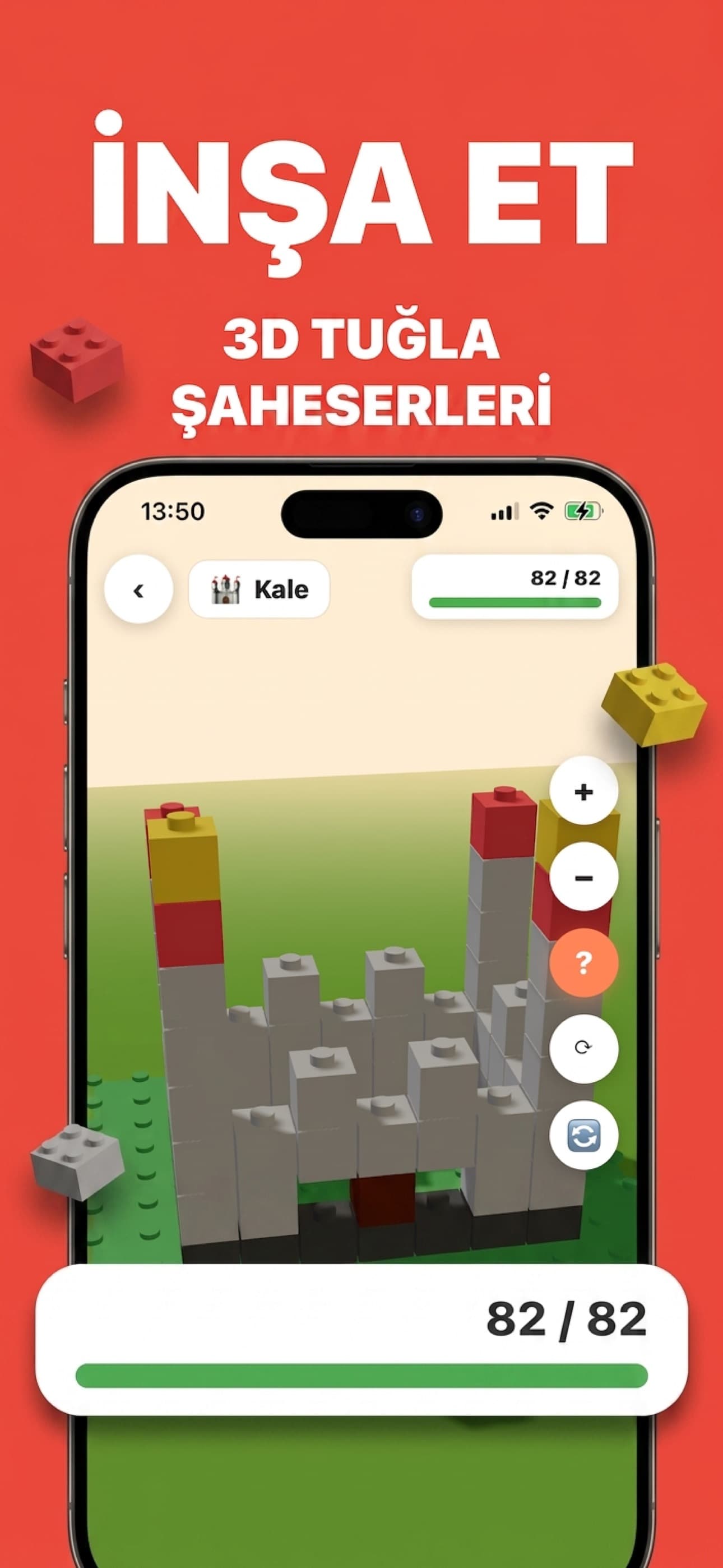 App Store ekran görüntüsü: Mini Mimar'da 82 bloktan 82'si tamamlanmış 3D kale yapımı.