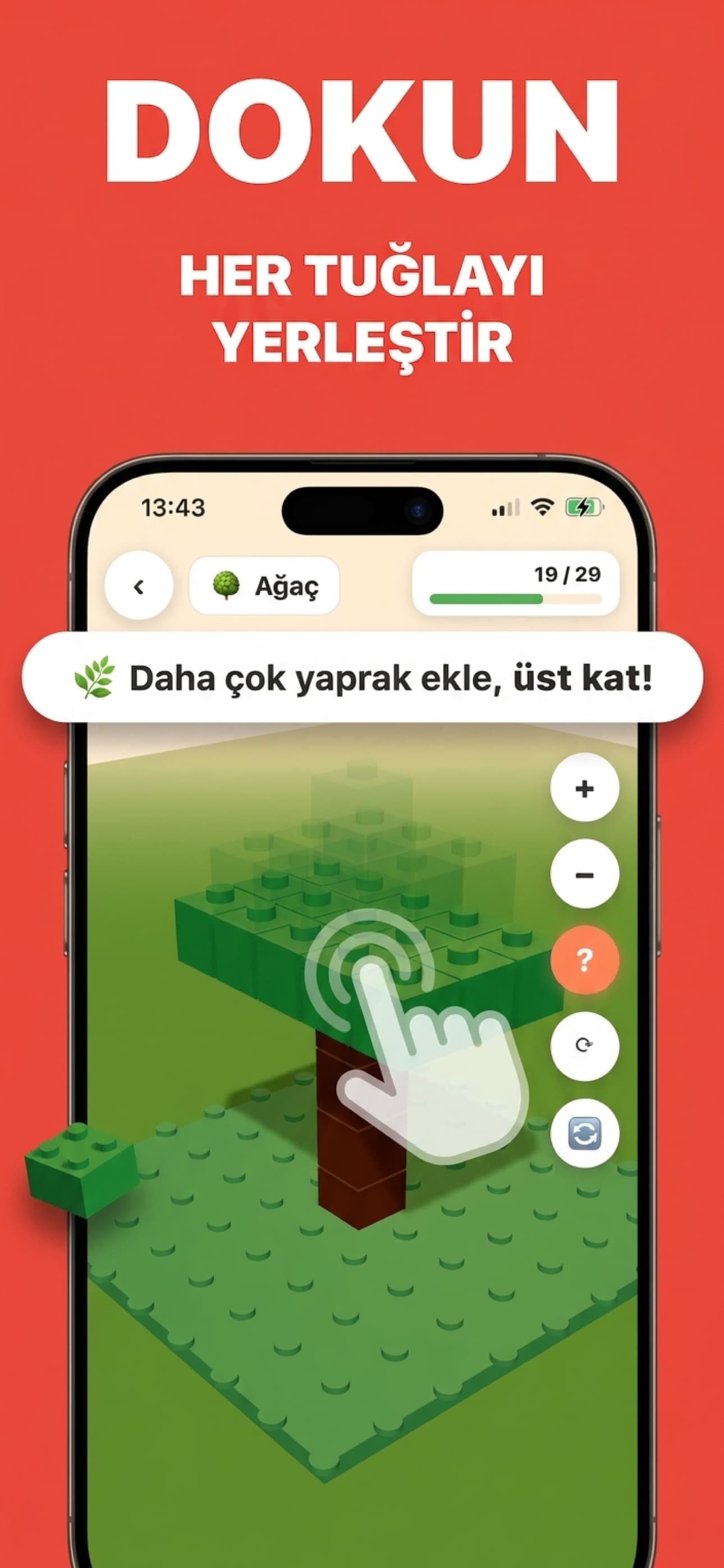 App Store ekran görüntüsü: Mini Mimar'da 3D ağaç yapımına bir blok yerleştiren bir el, 29 bloktan 19'u, 'Üst yaprakları ekle' yönergesiyle.