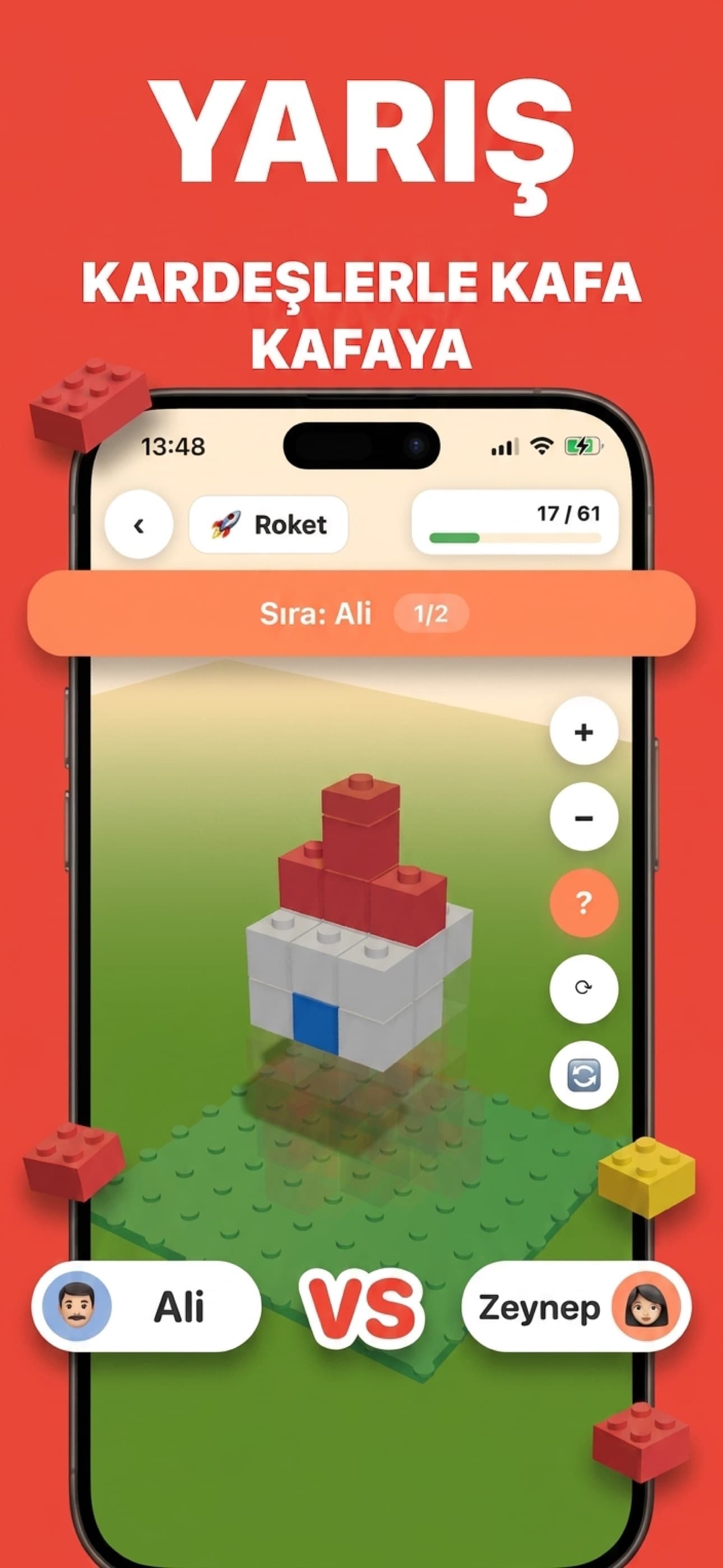 App Store ekran görüntüsü: sıra tabanlı roket yapımı, 61'de 17, 'Sıradaki: John' ve 'John vs Mia', başlık 'Yarış: Kafa Kafaya'.