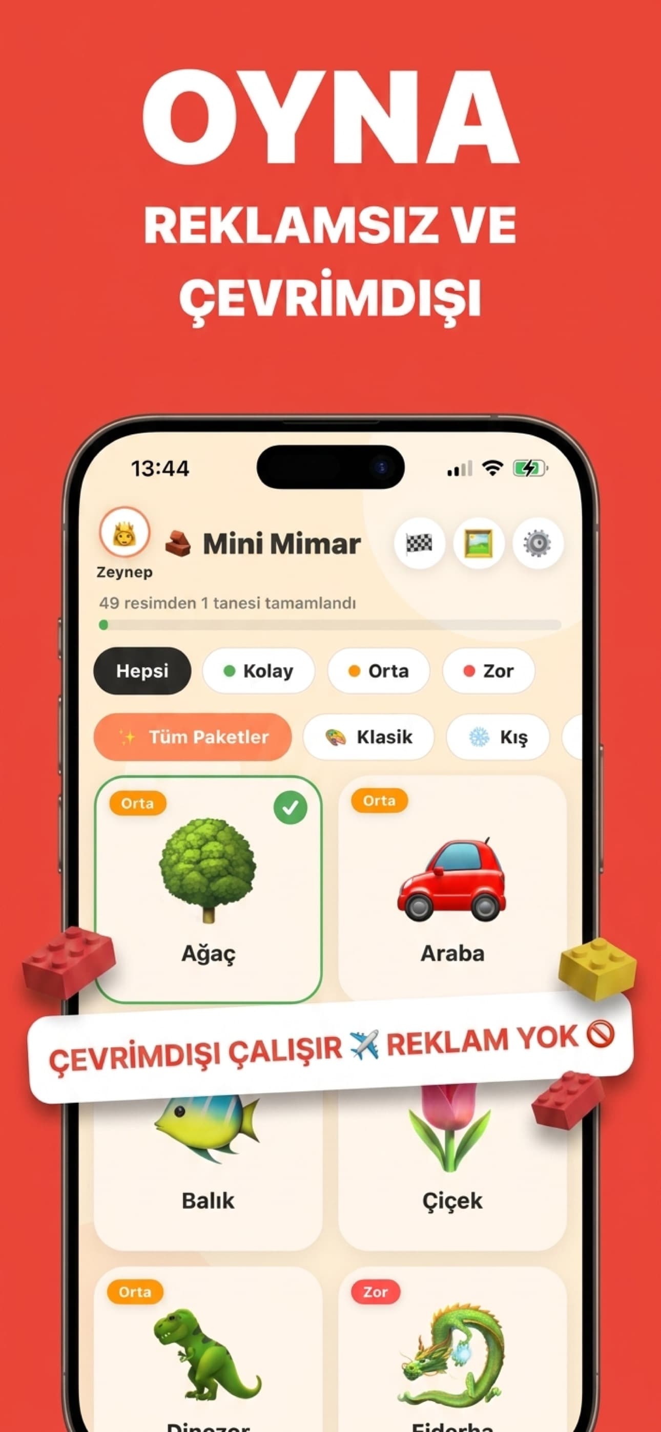 App Store ekran görüntüsü: Ağaç, Araba, Balık, Dinozor ve Ejderha yapımlarıyla resim seçim ızgarası ve 'Çevrimdışı çalışır, sıfır reklam' bandı, başlık 'Oyna: Reklamsız'.