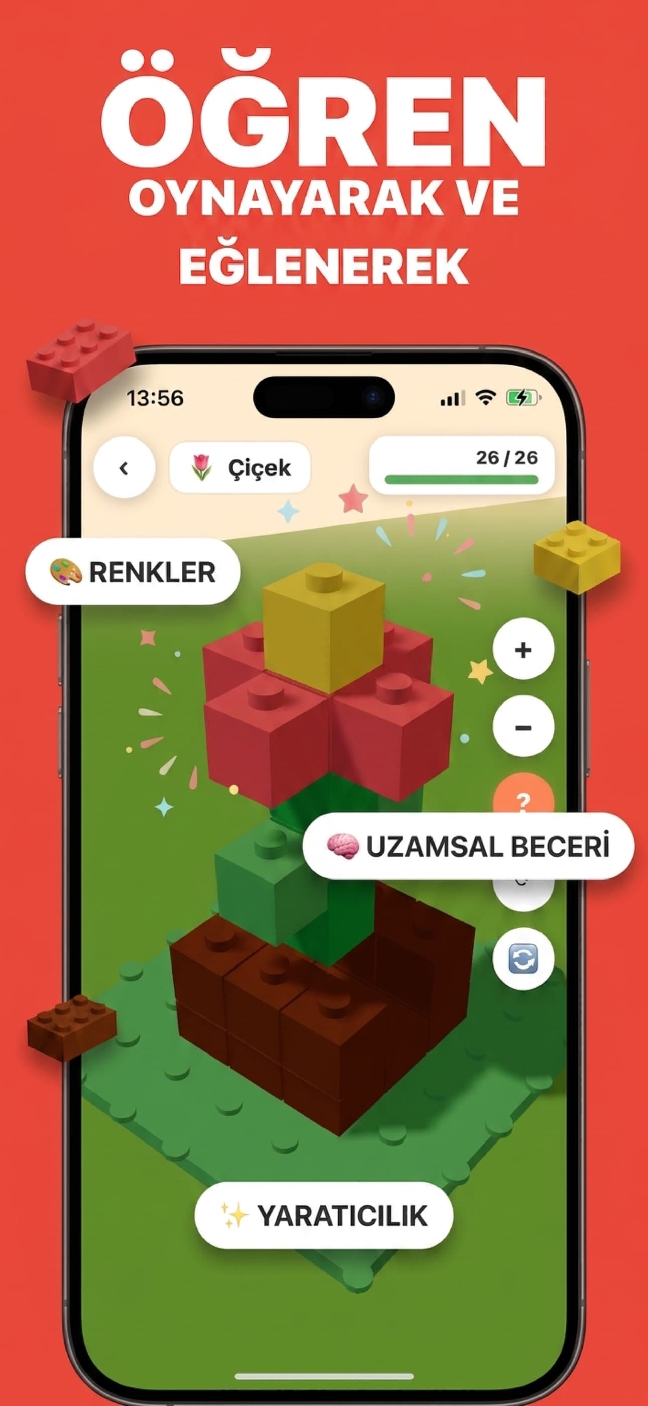App Store ekran görüntüsü: tamamlanmış 3D çiçek yapımı, 26'da 26, 'Renkler', 'Uzamsal Beceriler' ve 'Yaratıcılık' etiketleriyle, başlık 'Öğren: Oynayarak'.