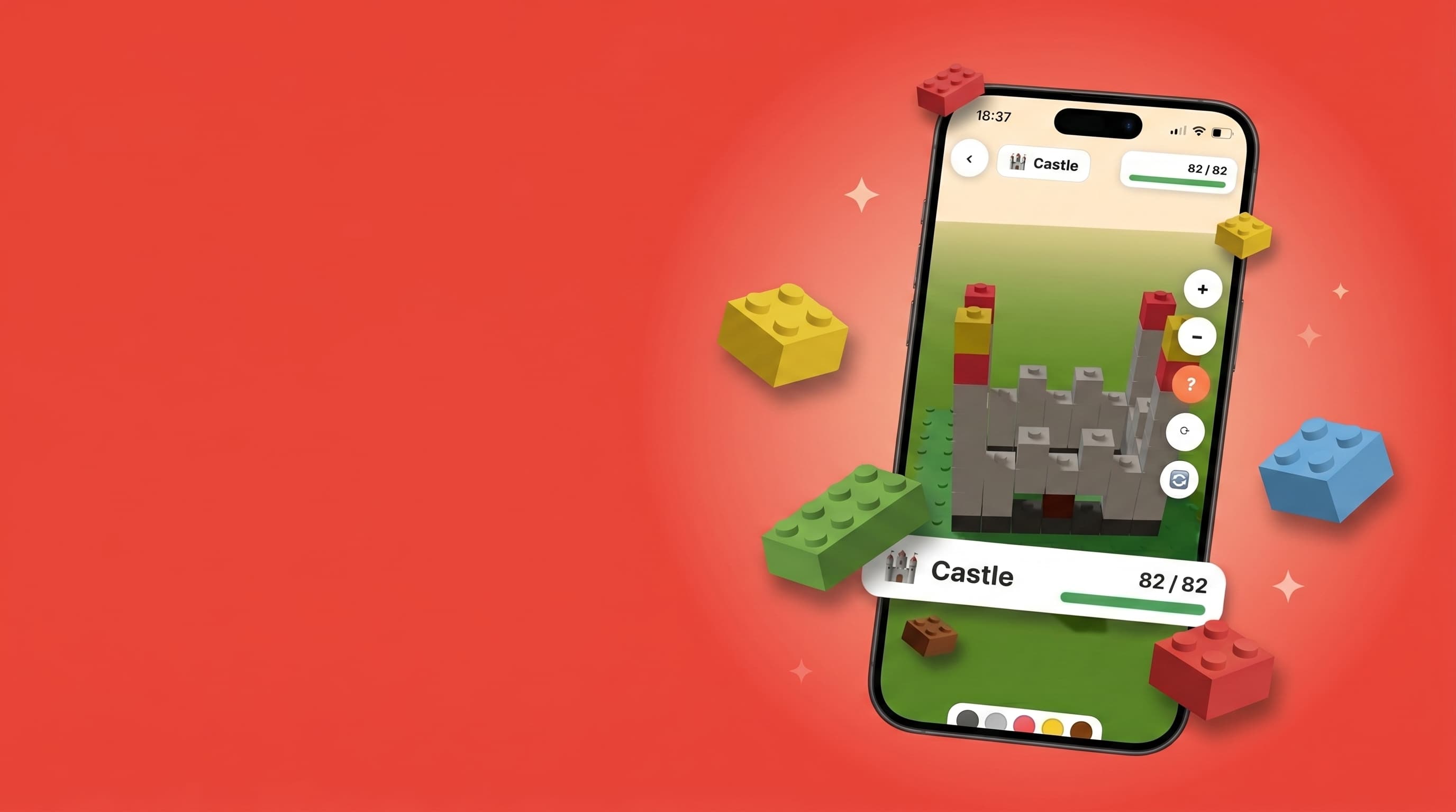 A child's 3D brick castle taking shape inside the Little Architect app, surrounded by floating toy bricks.